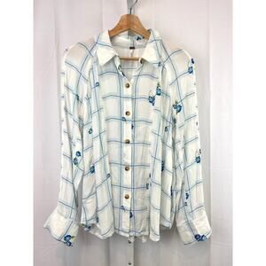 FREE PEOPLE Size S Window To My Heart Button Down Shirt Check Floral White Blue